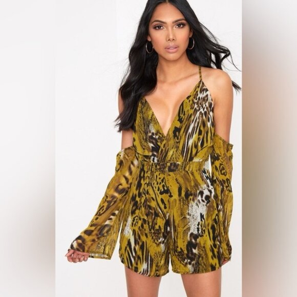 PrettyLittle Strappy Romper - Green Printed / US 4 NEW - Picture 1 of 5